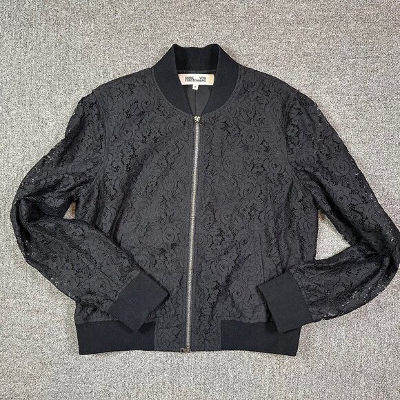 Diane Von Furstenburg Lace Bomber Jacket in Black Womens Size Medium